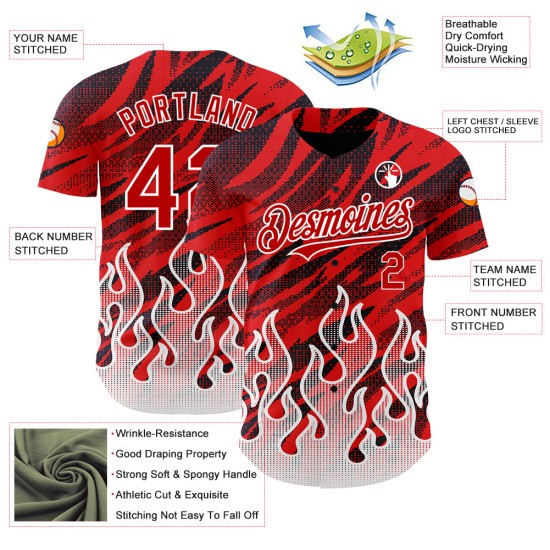 Maglia da baseball rosso fiamma nera e bianca, modello personalizzato, design 3D autentico