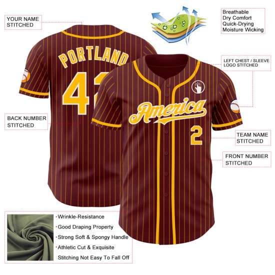 Maillot de baseball authentique à rayures bordeaux et blanches, personnalisé et doré