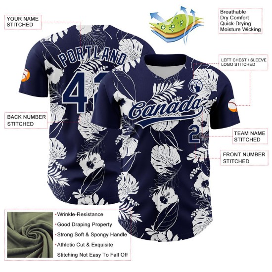 Maglia da baseball tropicale e hawaiana blu navy autentica bianca personalizzata con fiori e foglie 3D