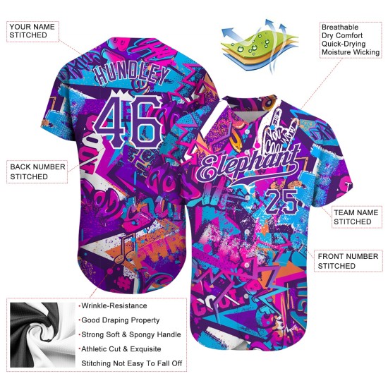 Maillot de baseball 3D personnalisé avec inscriptions blanches et violettes, motif graffiti authentique