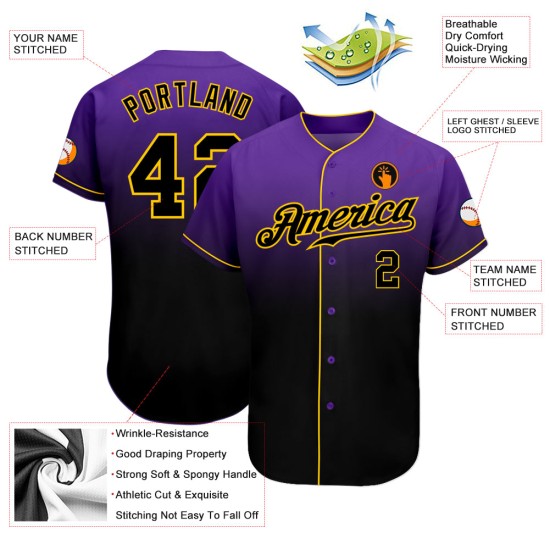 Maillot de baseball tendance violet délavé, personnalisé, noir et or, authentique