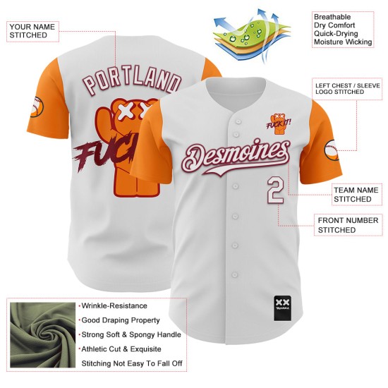 Maglia autentica personalizzata Fuckit Bay Baseball Revzzz Bianco Arancione-Cremisi 3D