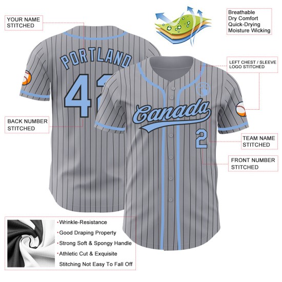 Maillot de baseball gris authentique à rayures bleues et noires claires
