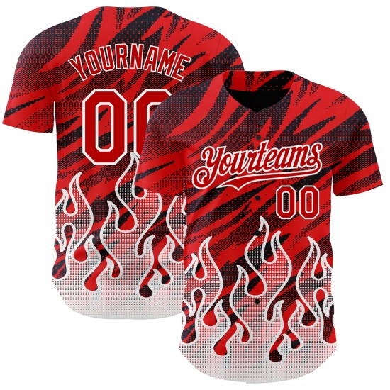Maglia da baseball rosso fiamma nera e bianca, modello personalizzato, design 3D autentico