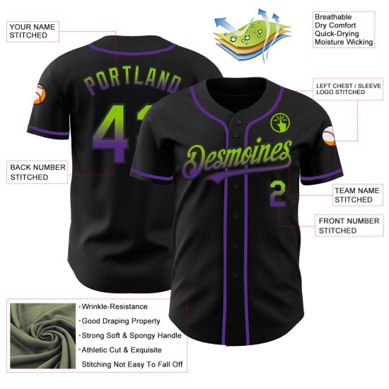 Maglia da baseball personalizzata, autentica, in tinta unita verde-viola sfumata nera, stile neon