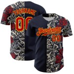 Maglia da baseball vintage autentica e personalizzata, con tatuaggi 3D rosso-oro blu navy
