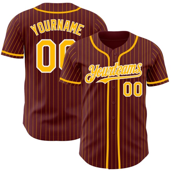 Maillot de baseball authentique à rayures bordeaux et blanches, personnalisé et doré