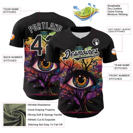 Maglia con motivo a maglia nera autentica personalizzata 3D bianca con albero rave baseball eye