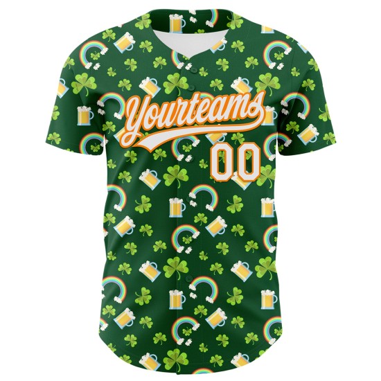 Maglia da baseball autentica 3D Green Shamrock St. Patrick's White-Bay personalizzata Orange Beer