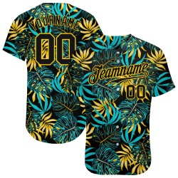 Maillot de baseball personnalisé motif feuilles de palmier noir tropical noir-or 3D authentique