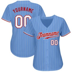 Maglia da baseball azzurra autentica personalizzata a righe bianche e rosse