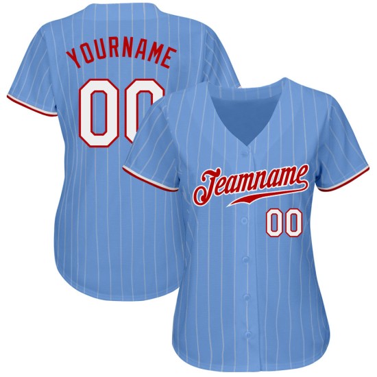 Maglia da baseball azzurra autentica personalizzata a righe bianche e rosse