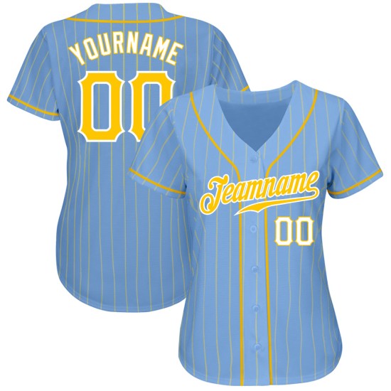Maillot de baseball personnalisé à rayures bleu clair doré et blanc authentique